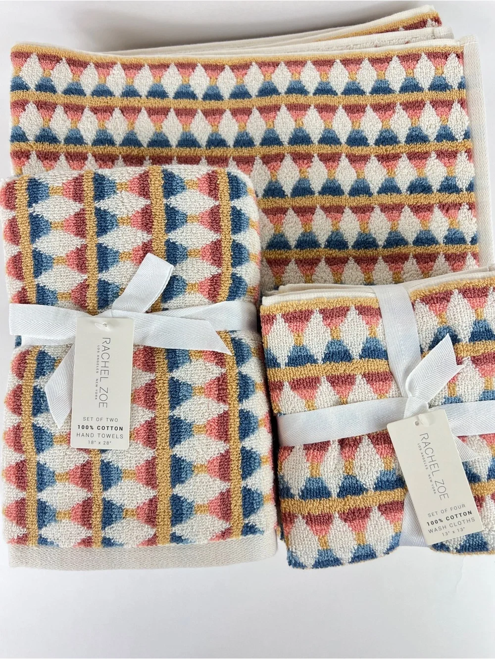 Rachel Zoe Geometric Bath Towel Set Blue Rust Cream 100% Cotton 8 Pc NEW